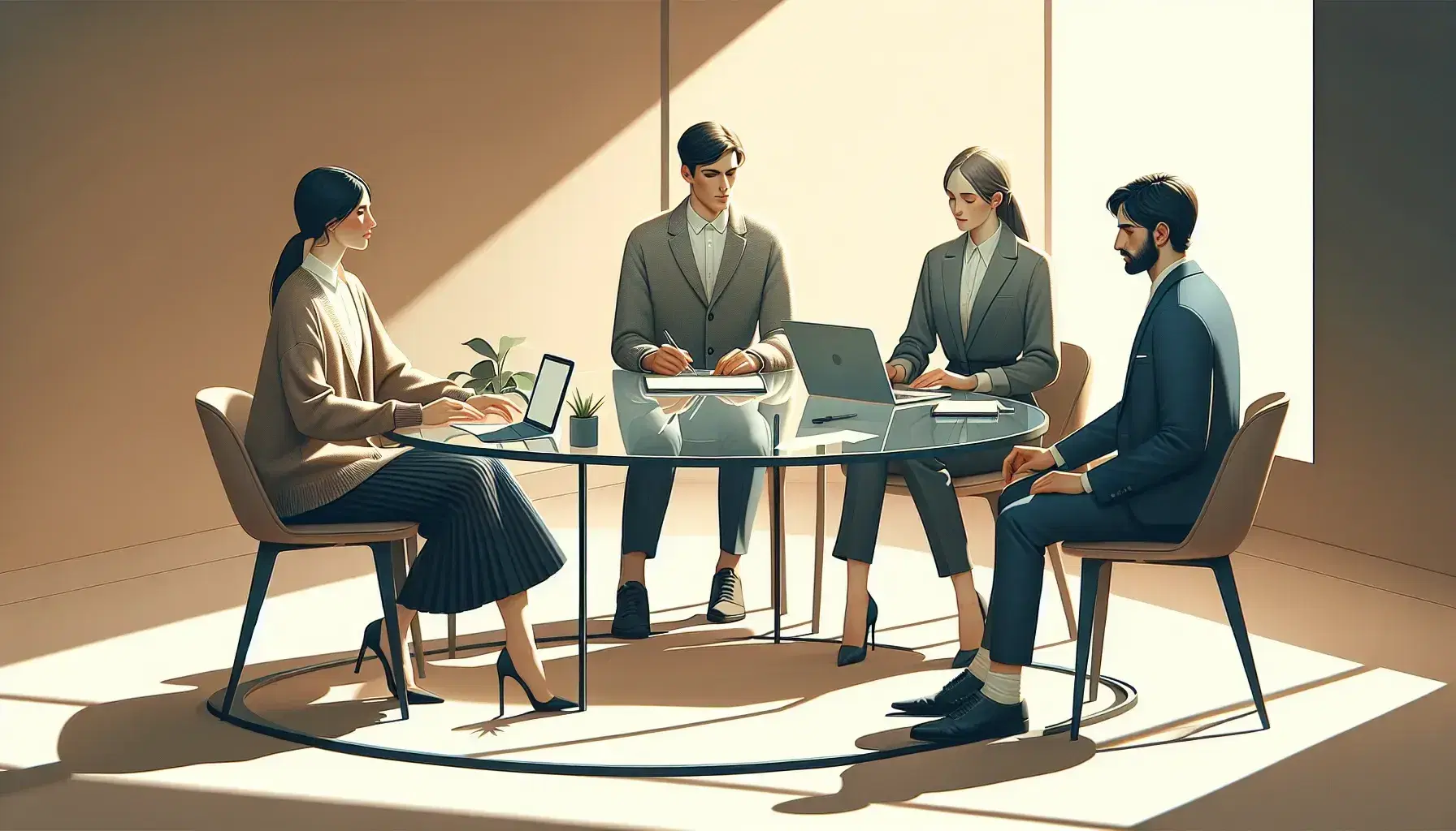 Three professionals—a woman in beige cardigan, a man in gray blazer, and a woman in navy suit—gather around a glass table with tech devices and a plant in a well-lit office.