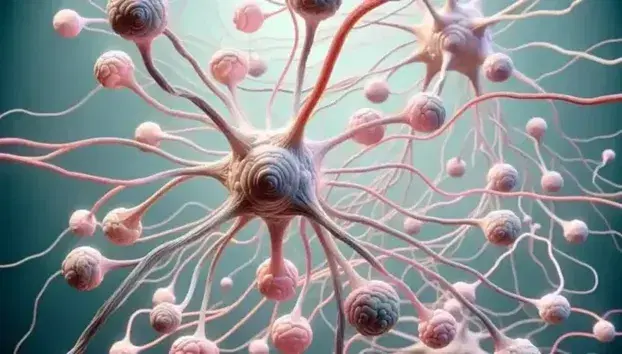 Network of interconnected neurons with light pink cell bodies, dendrites, axon and white myelin sheaths on a blue-green background.