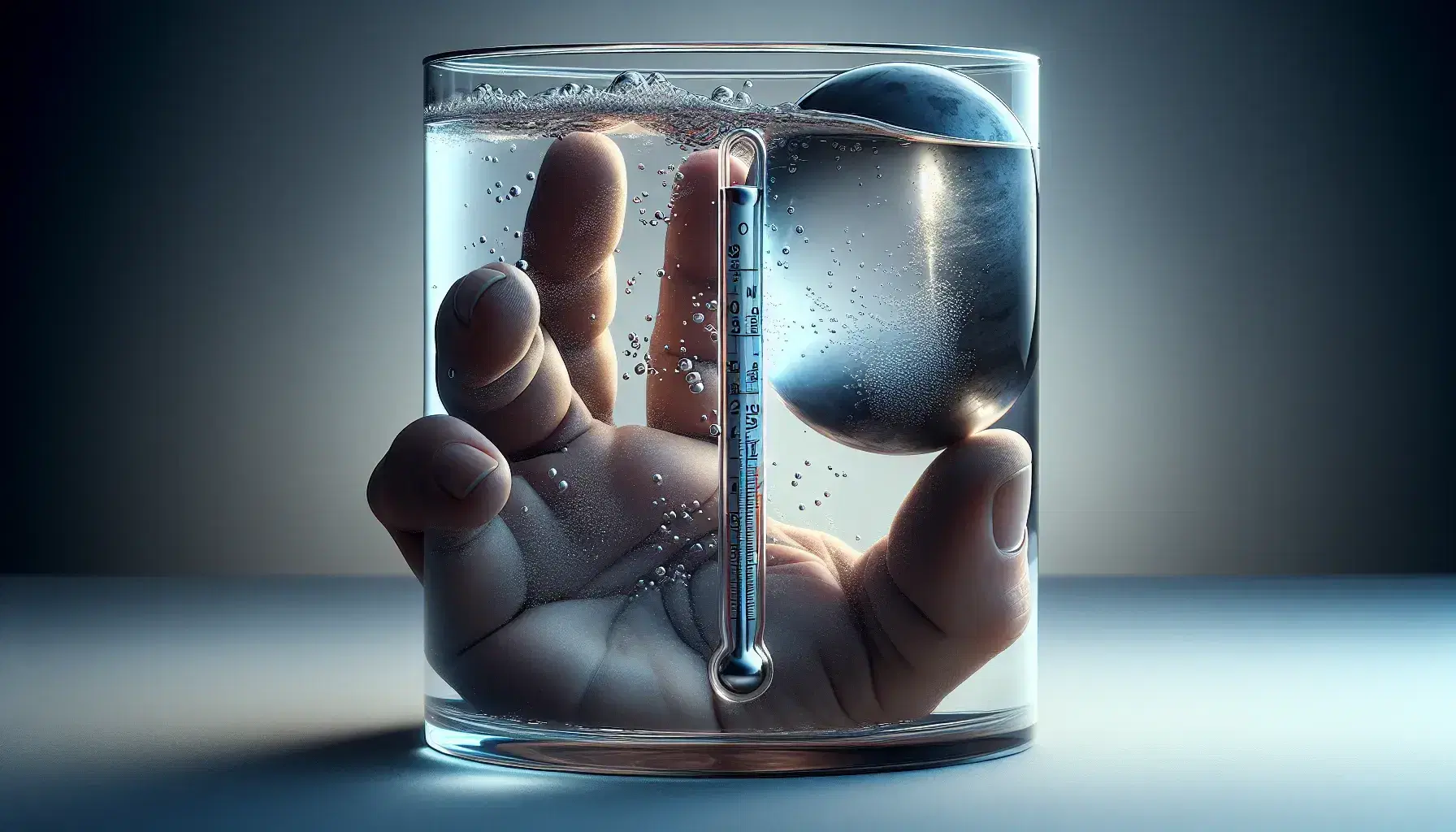 Termómetro de mercurio con líquido plateado en tubo de vidrio, sumergido parcialmente en vaso de agua con burbujas y esfera metálica sostenida por una mano desenfocada al fondo.