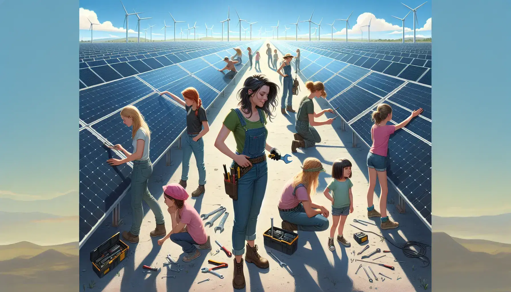 Grupo diverso de mujeres y niñas trabajando en campo de paneles solares bajo cielo azul con turbinas eólicas al fondo.