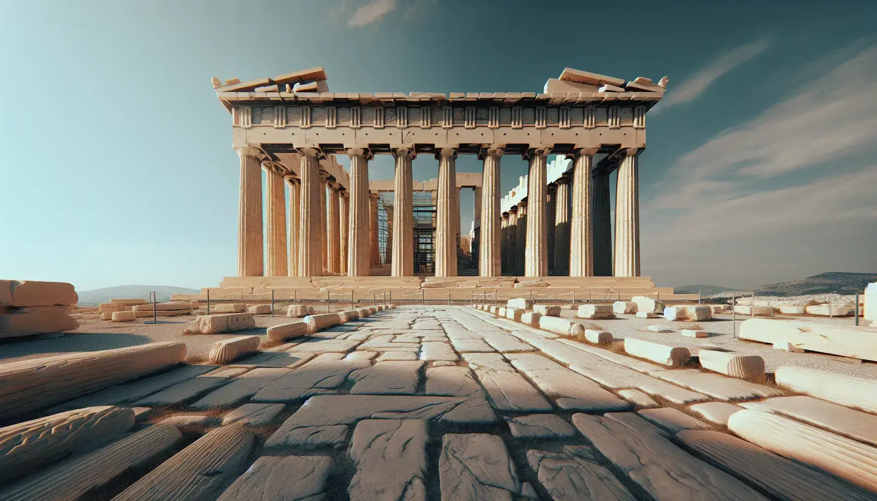 Vista frontale del Partenone di Atene con colonne doriche e cielo azzurro, senza persone, che esalta l'architettura antica greca.