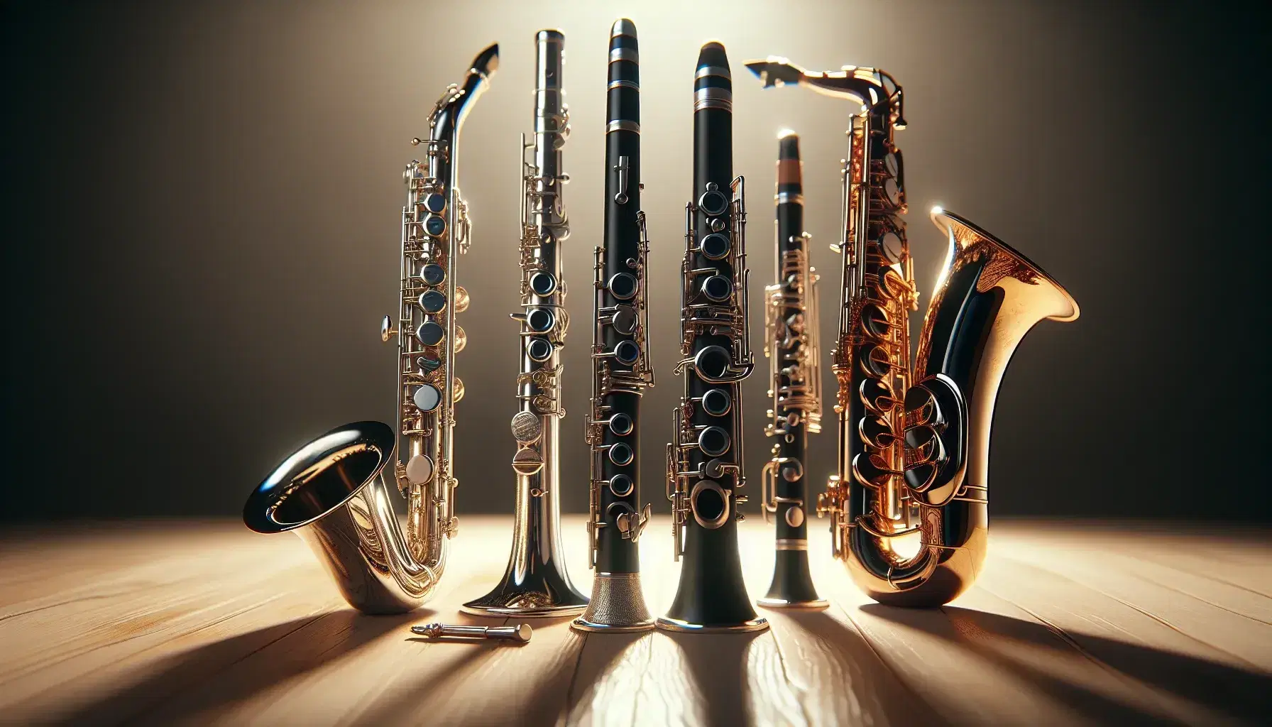 Strumenti a fiato su sfondo neutro: flauto argento, oboe legno scuro, clarinetto nero e sax dorato, illuminati e ben disposti.