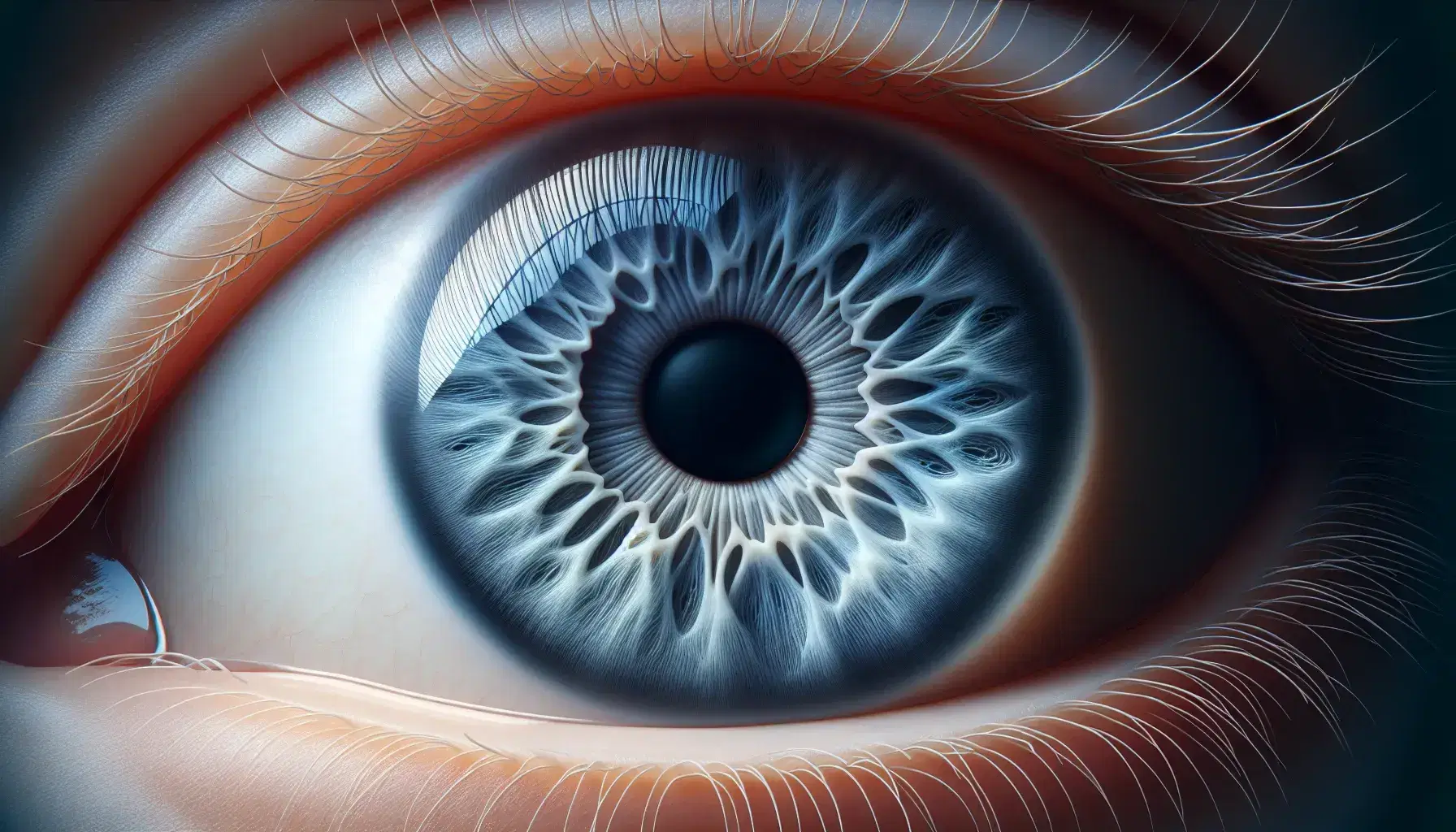 Ojo humano abierto con iris azul intenso, pupila negra central, líneas radiales en el iris y pestañas curvas, reflejando salud y sin irritaciones.