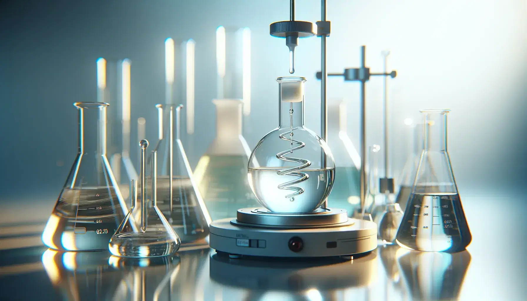 Laboratory with round bottom flask on magnetic stirrer and separating funnel adding colorless liquid, blurred glassware in the background.