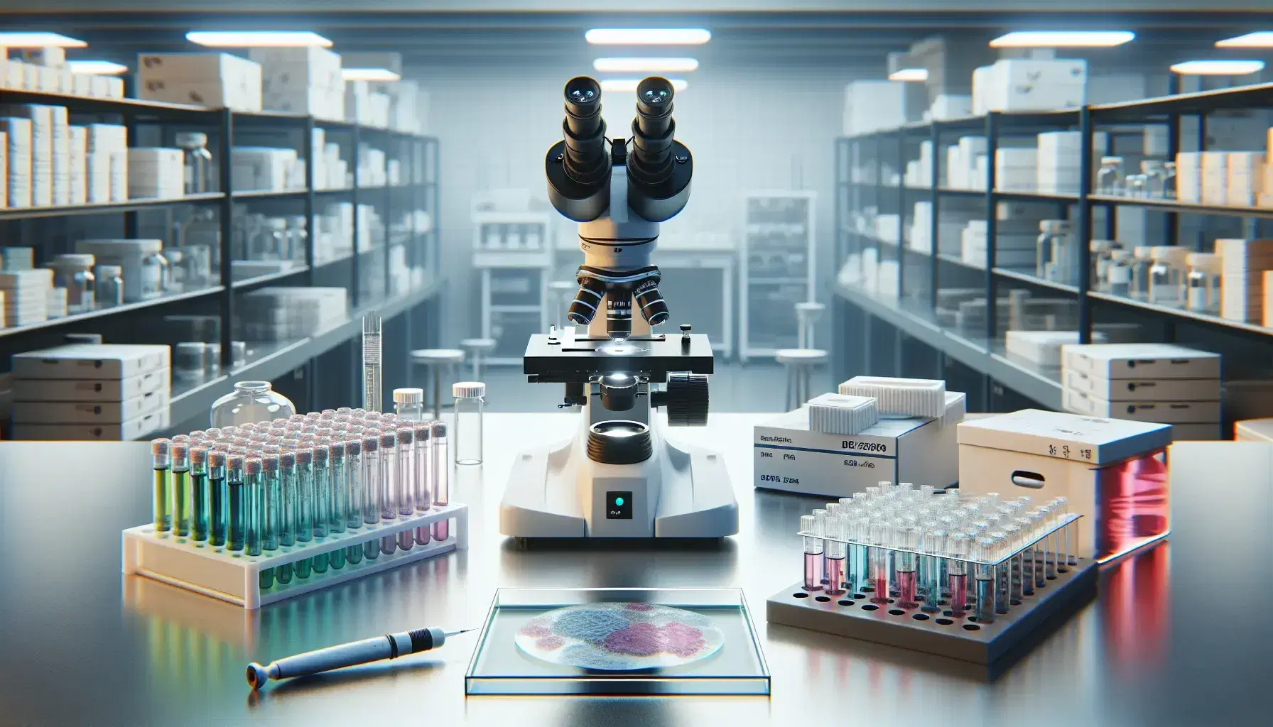 Microscopio compuesto en laboratorio de investigación biomédica con portaobjetos y tubos de ensayo con líquidos coloridos, ambiente limpio y profesional.