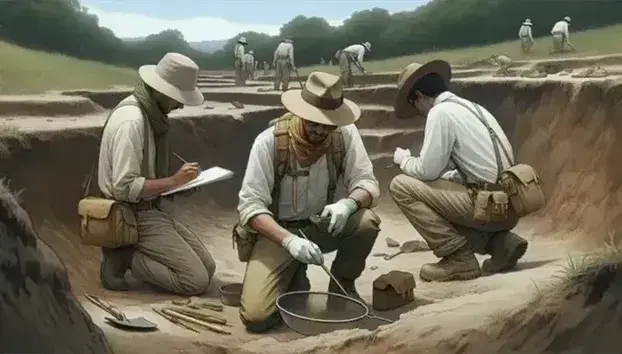 Equipo de antropólogos trabajando en sitio arqueológico en Colombia, con uno cepillando un objeto, otro anotando y un tercero tamizando tierra, en un día soleado.