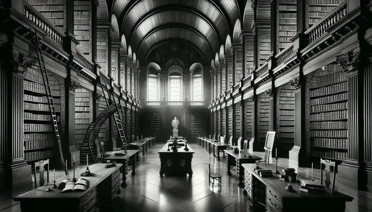 Biblioteca antica con scaffali in legno scuro pieni di libri, scala centrale, luce naturale da finestre ad arco e statue marmoree.