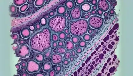 Micrografia elettronica a trasmissione di tessuto epiteliale colorato, con cellule adiacenti, nuclei in viola scuro e lamina basale in blu.