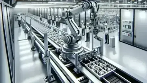 Robotic arm assembling components on a conveyor belt in a well-lit industrial manufacturing floor with diverse workers overseeing the process.