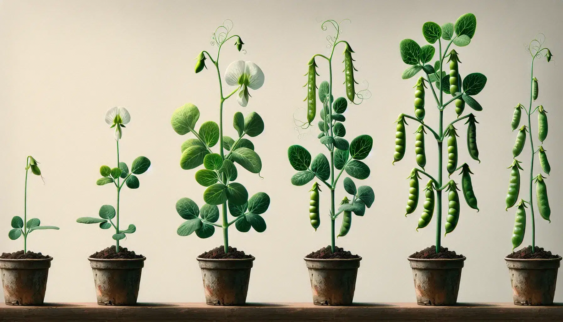 Progression of pea plant growth stages, from seedling to flowering to mature plant with pea pods, against a light background.