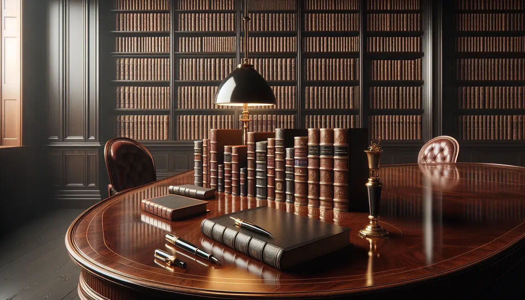 Biblioteca classica con tavolo ovale in legno scuro, libri rilegati in pelle, penna stilografica nera e oro, scaffali colmi e lampada da tavolo.