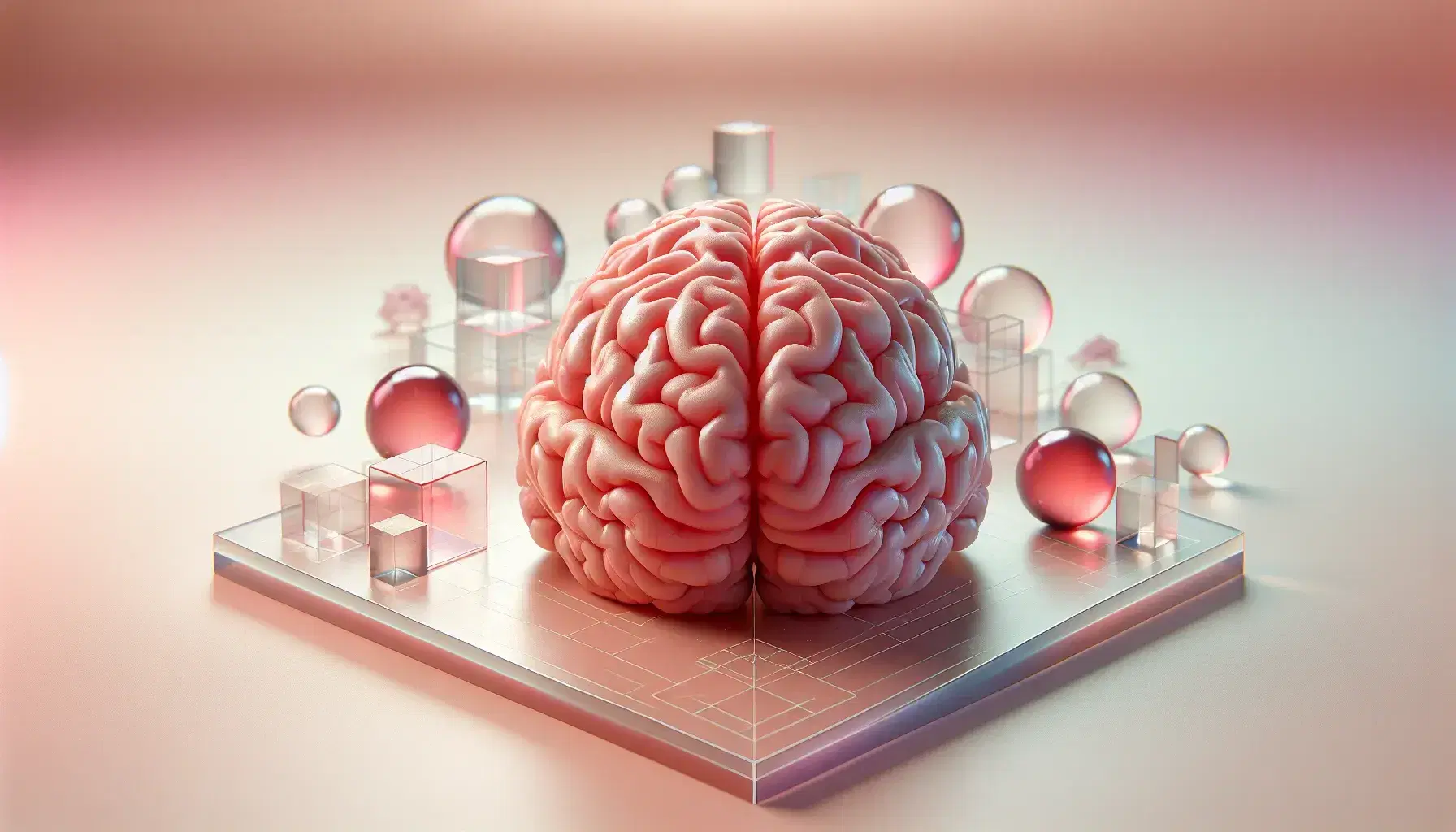 Cerebro humano en tonos rosados y rojos con surcos característicos sobre base clara, rodeado de formas geométricas transparentes flotantes.