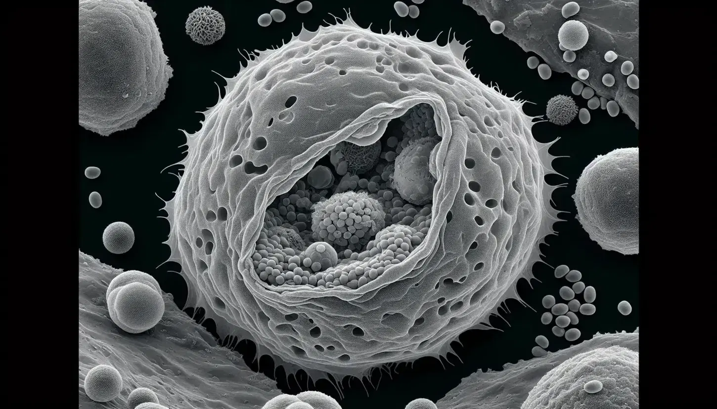 Célula animal microscópica mostrando membrana, citoplasma grisáceo con orgánulos y procesos de endocitosis, exocitosis y pinocitosis en fondo oscuro.