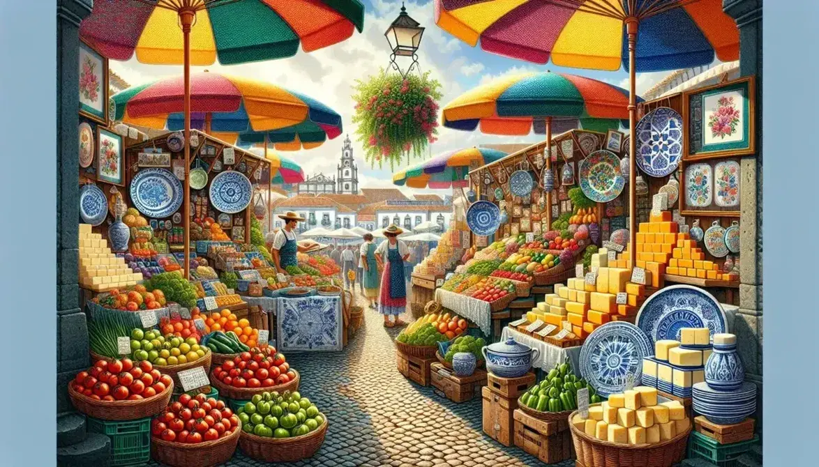 Mercato all'aperto in Portogallo con bancarelle colorate, frutta fresca, formaggi locali e ceramiche fatte a mano, sotto un cielo azzurro.