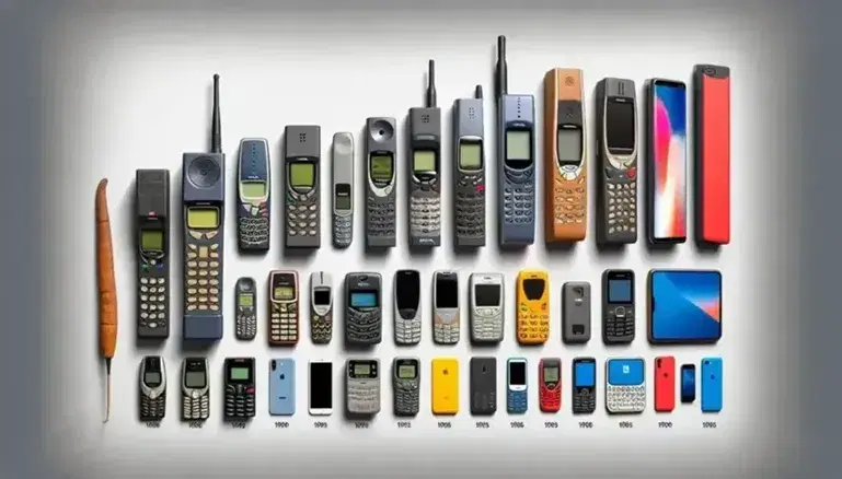 Evolution of mobile phones displayed in chronological order, from 1980s brick phones to modern sleek smartphones with touchscreens.