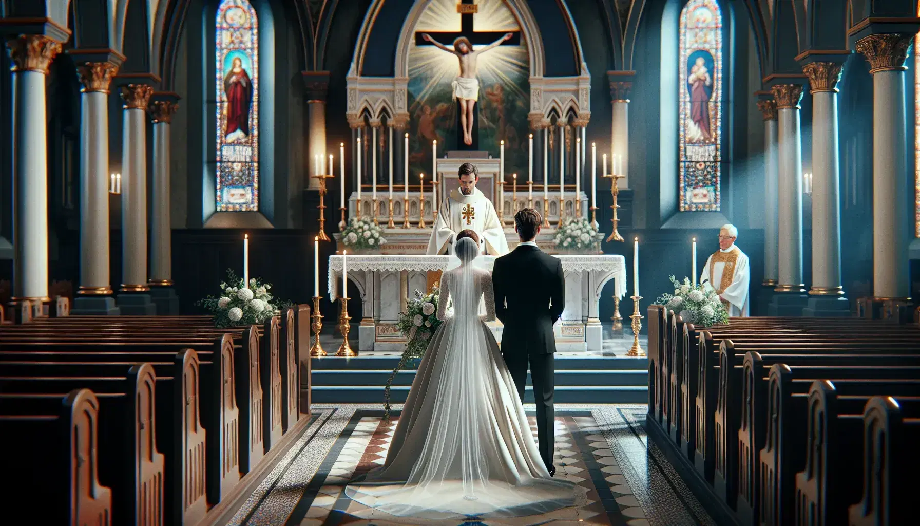 Sposi davanti all'altare in chiesa, lei in abito bianco con velo e bouquet, lui in completo nero, con sacerdote e luce da vetrate colorate.
