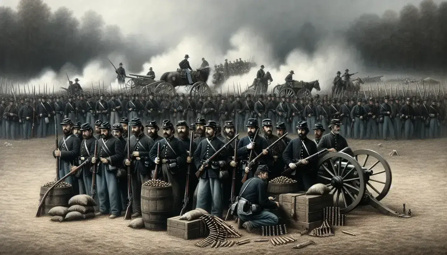 Union soldiers in blue uniforms line up with muskets, artillery crews load cannons, amidst smoke on a Civil War battlefield under a cloudy sky.