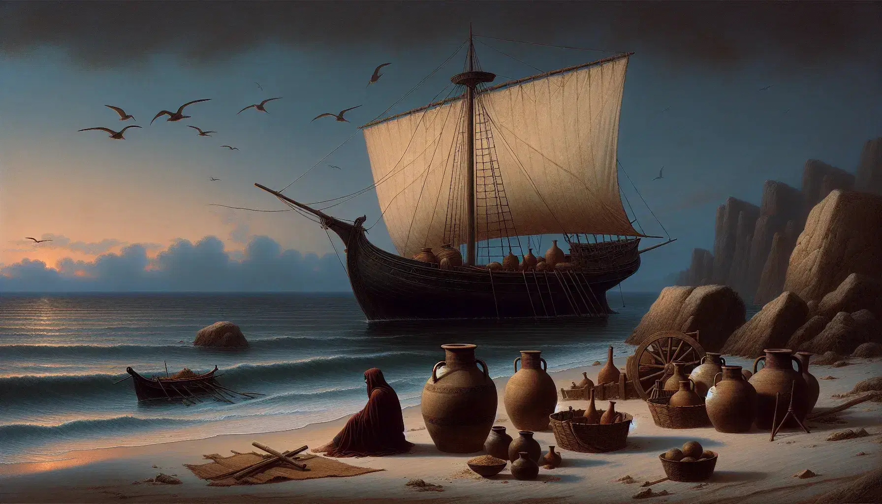 Nave greca antica ormeggiata su spiaggia al tramonto, uomo in mantello rosso contempla l'orizzonte, anfore e ceste sul bagnasciuga.