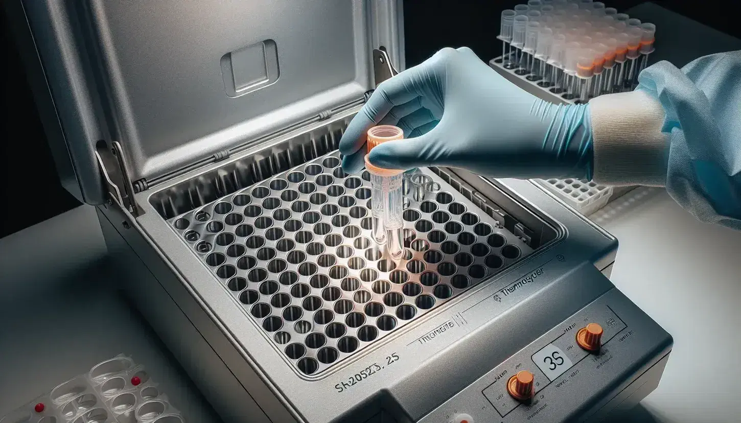 Primer plano de un termociclador abierto con un guante azul insertando un tubo de reacción con tapa naranja y líquido rosa en un laboratorio.