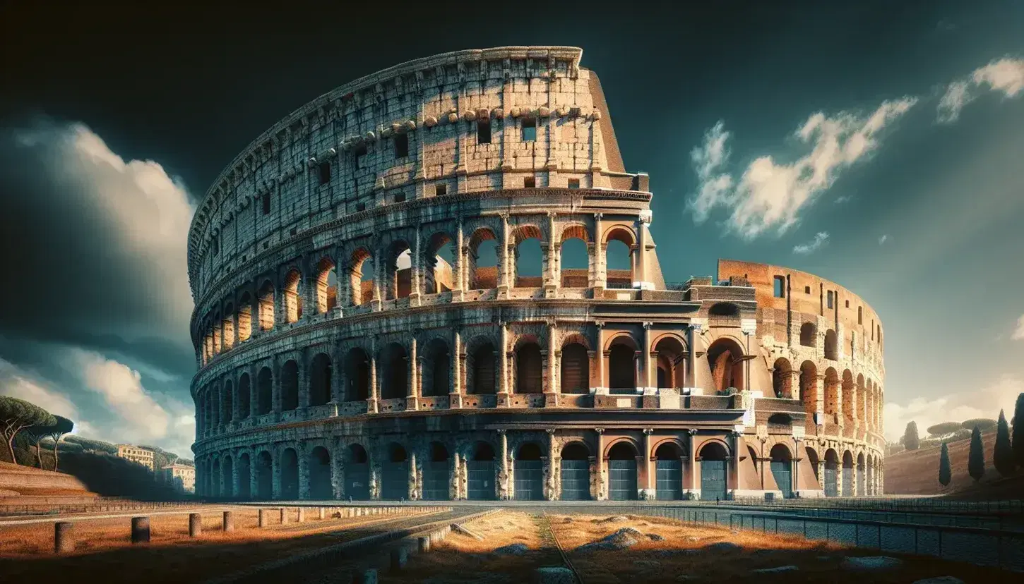 Colosseo di Roma in una giornata limpida, facciata esterna con archi in travertino illuminata dal sole su cielo azzurro, senza persone in primo piano.