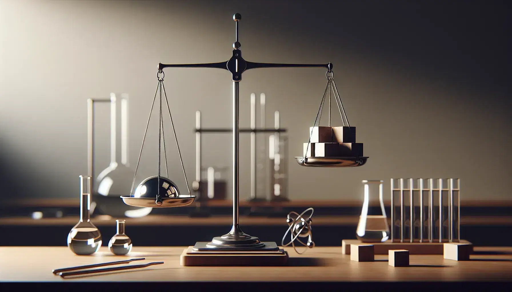 Bilancia a bracci uguali in equilibrio su tavolo in legno, con sfera metallica e cubi di legno sui piatti, sfondo laboratorio sfocato.