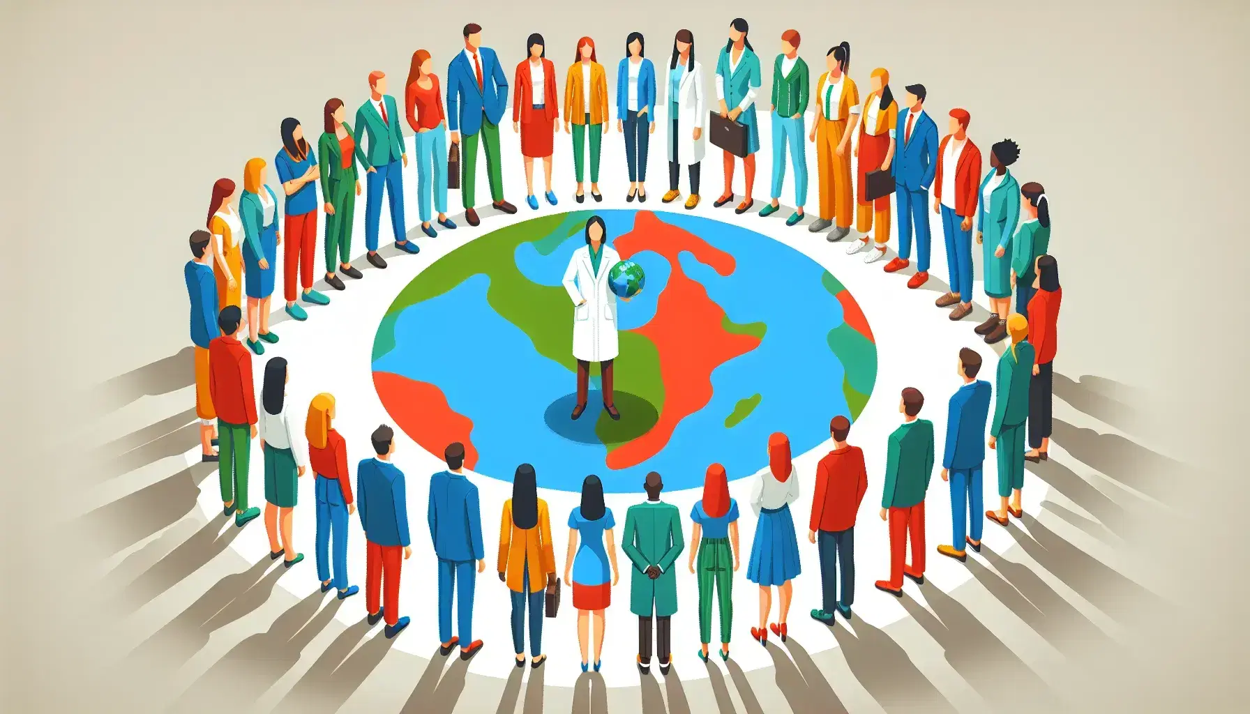Grupo diverso de personas en semicírculo con un científico sosteniendo un globo terráqueo, rodeado de individuos con vestimenta variada y colores vivos.