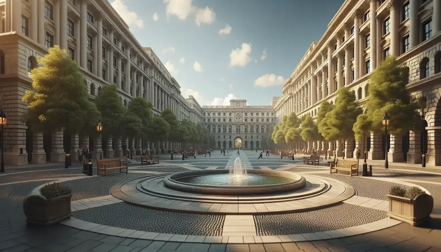 Edificios gubernamentales de arquitectura clásica con columnas robustas, plaza con fuente circular y bancos bajo árboles, en un día soleado con cielo azul.