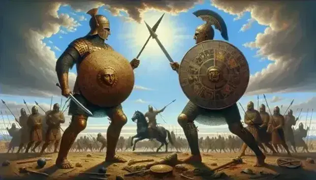 Due guerrieri in armatura si fronteggiano in battaglia antica, uno con scudo a motivi geometrici, l'altro con aquila, sotto un cielo azzurro.
