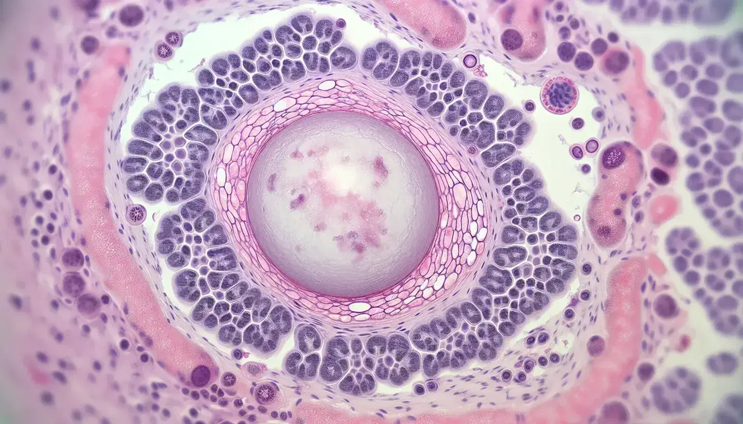 Vista microscópica de un folículo ovárico maduro preovulatorio con oocito central y núcleo visible, rodeado de células foliculares teñidas en rosa y tejido conectivo disperso.