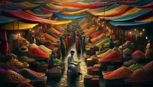 Mercato all'aperto in India con bancarelle colorate di frutta e verdura, persone in abiti tradizionali e venditore seduto su uno sgabello.
