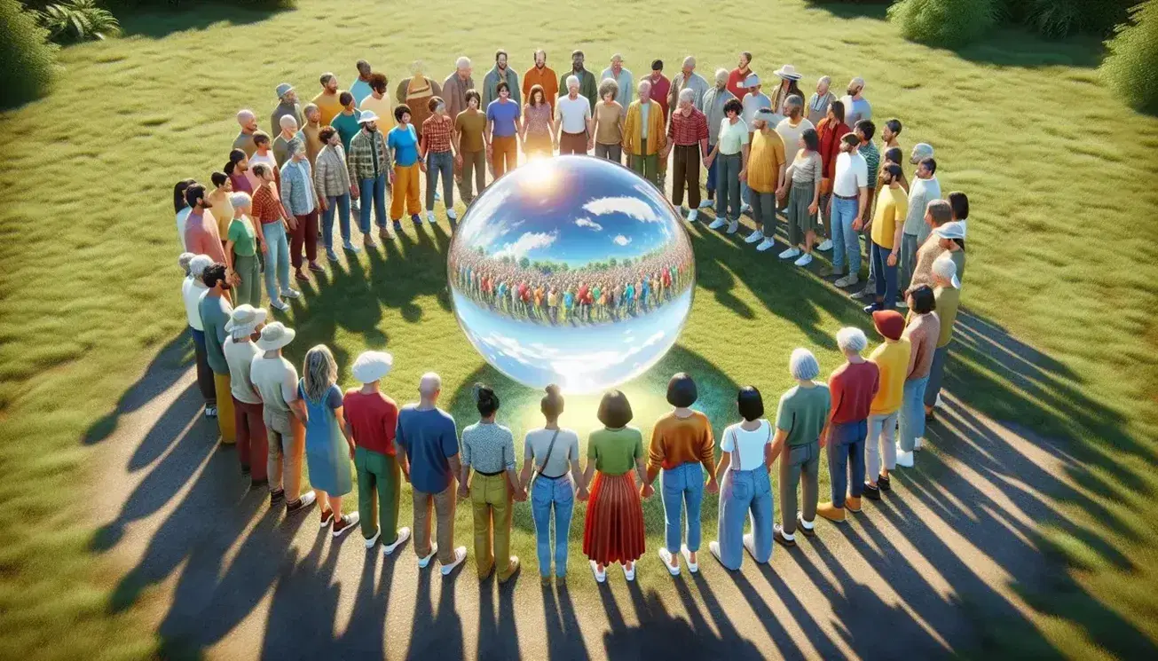 Grupo diverso de personas en círculo alrededor de una esfera transparente en un parque, reflejando la luz del sol bajo un cielo azul.