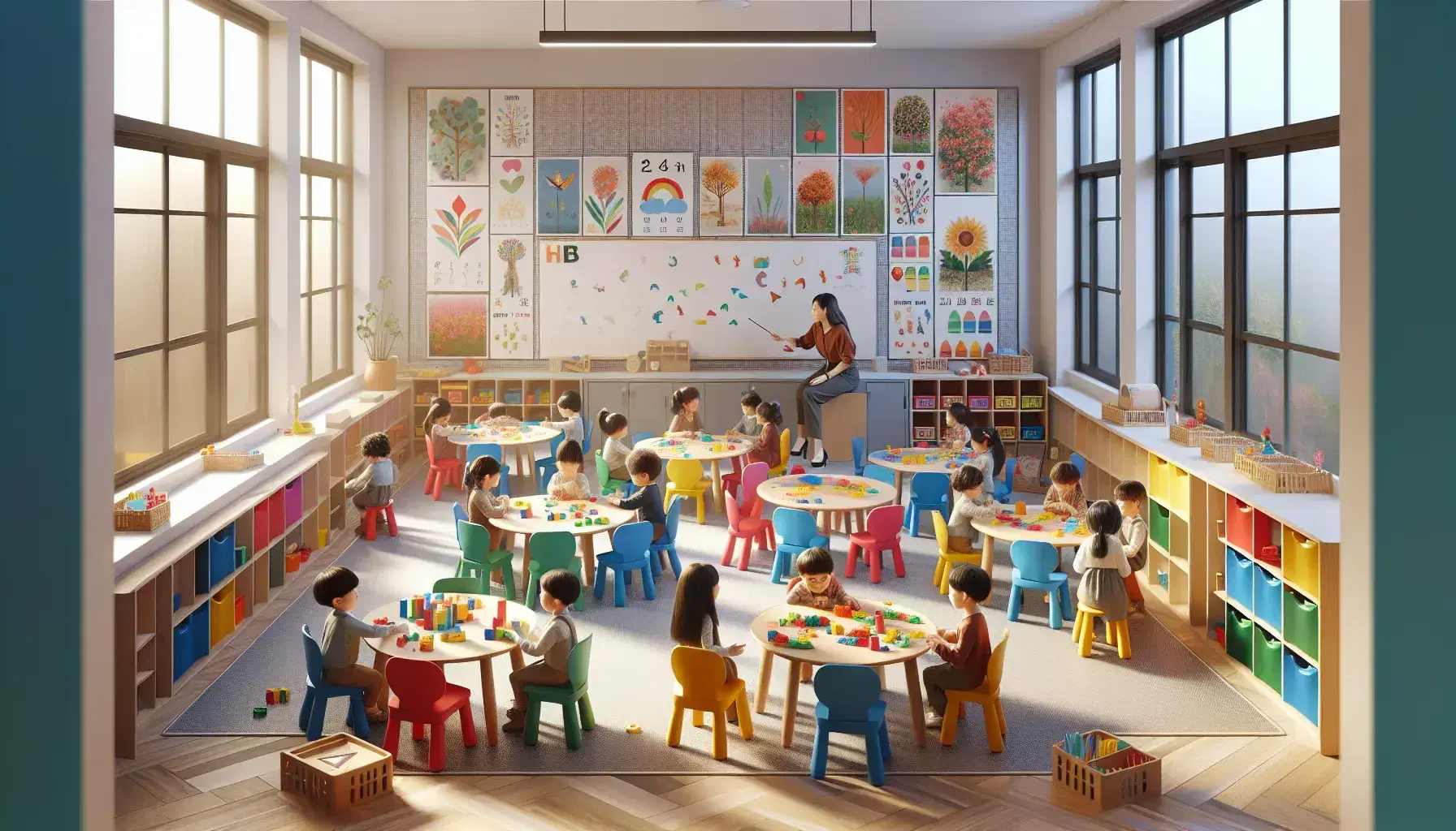 Aula luminosa con niños pequeños en mesas redondas con sillas de colores, interactuando con juguetes educativos y una maestra asistiéndolos cerca de un pizarrón blanco.