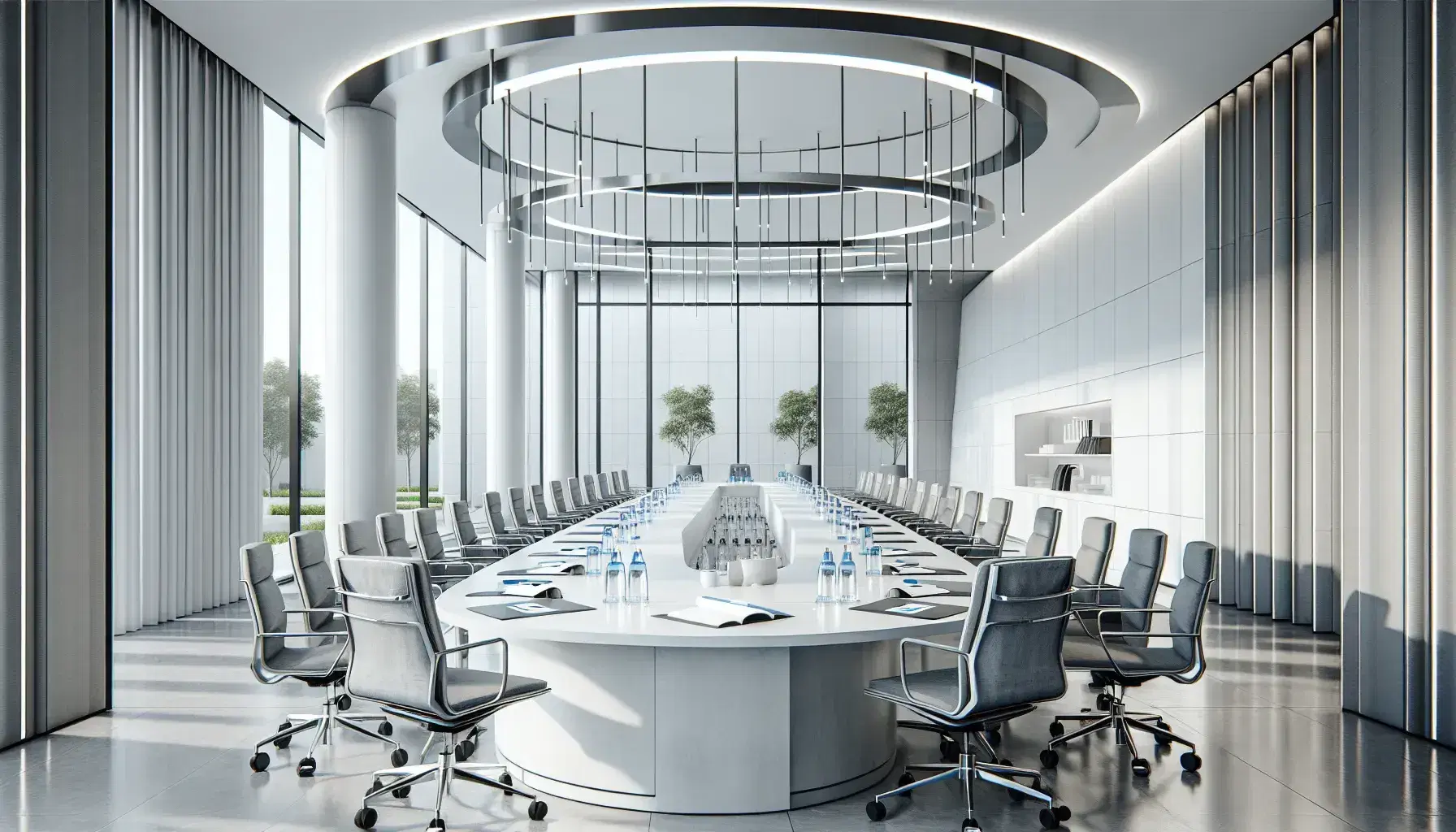 Sala riunioni moderna e luminosa con tavolo ovale, sedie ergonomiche grigie, quaderni, penne e bottiglie d'acqua, circondata da finestre con vista giardino.