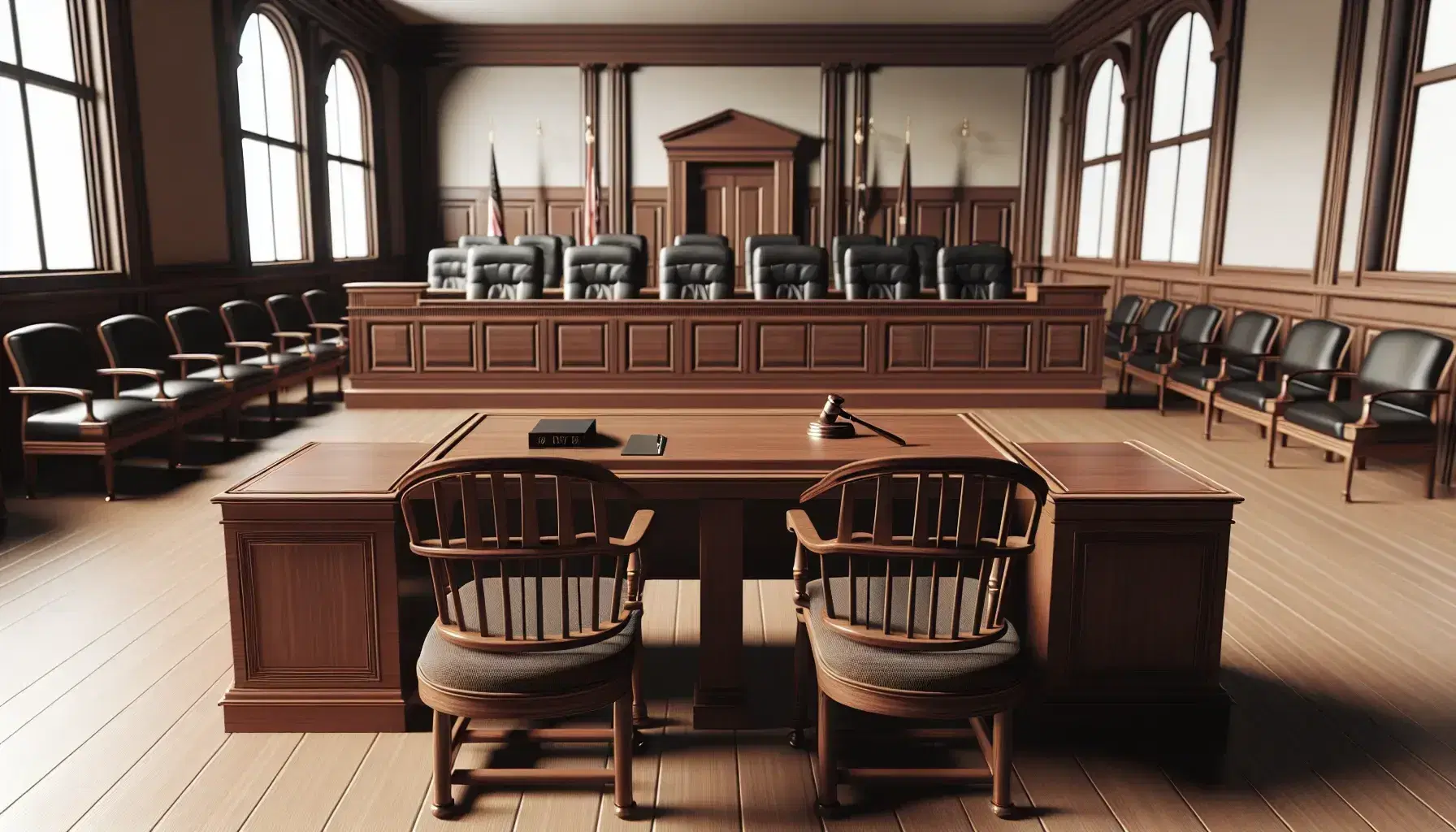 Empty courtroom with judge's bench, two lawyers' tables with papers, jury box with twelve chairs, witness stand, and large arched windows.