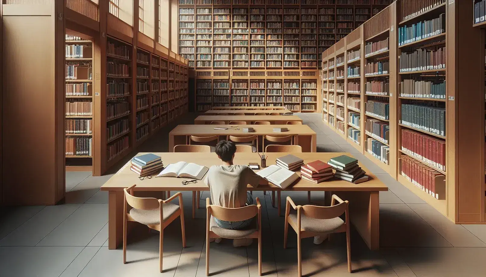 Biblioteca universitaria con estantes de libros, mesa de estudio con libros apilados, gafas y cuaderno, y estudiante concentrado leyendo bajo luz natural.