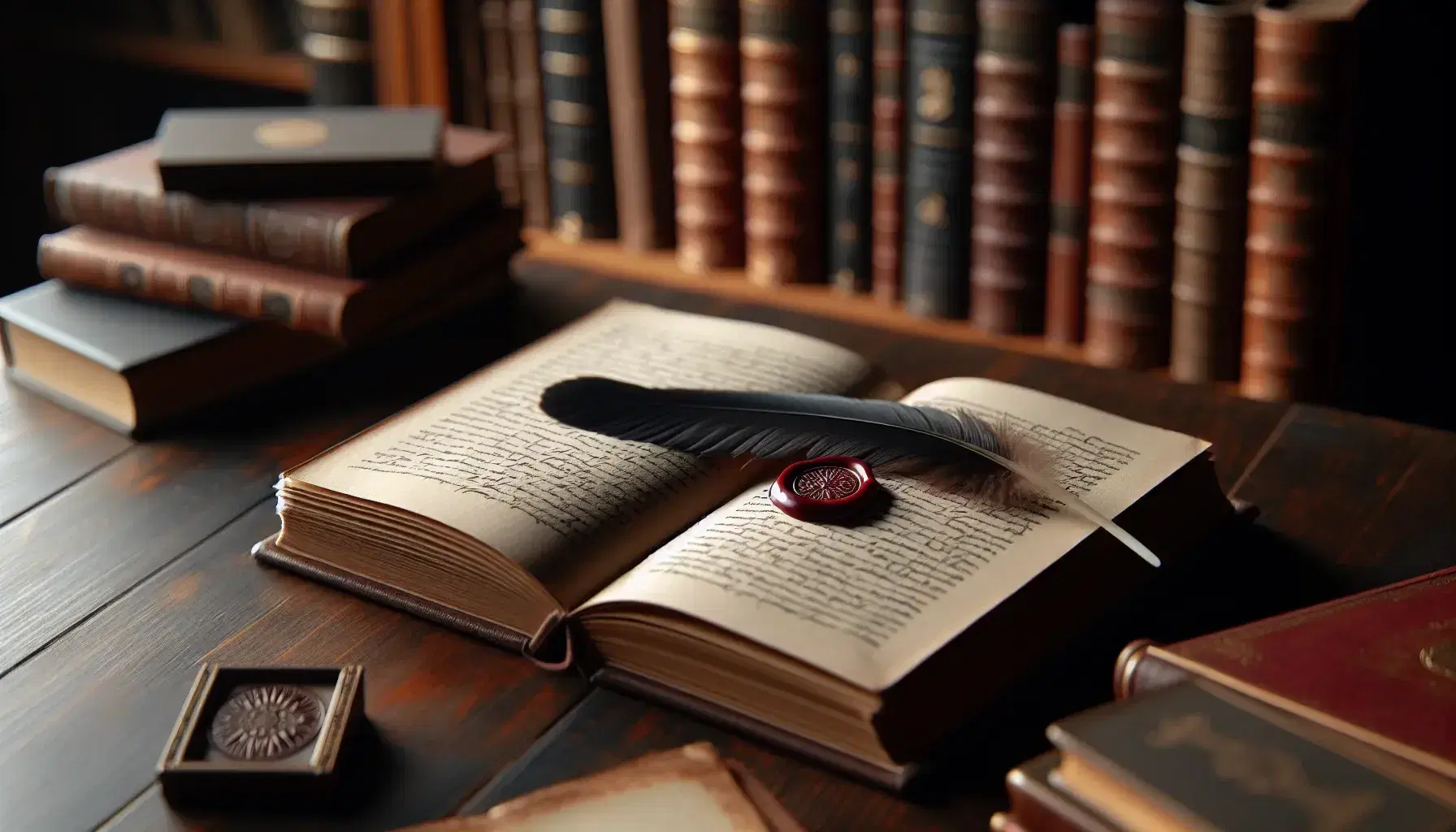 Libro antiguo abierto con cubiertas de cuero marrón y sello de cera rojo, pluma de ave negra y fondo borroso de estantería de madera.