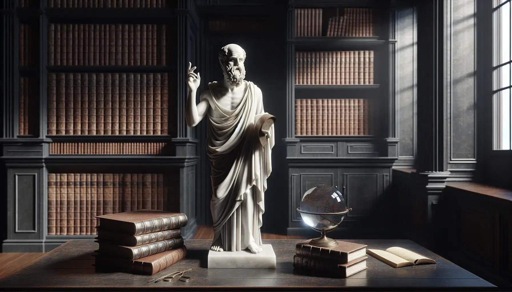 Statua marmorea di filosofo greco antico con pergamena in biblioteca classica, tra libri antichi, sfera di cristallo, compasso e pianta verde.