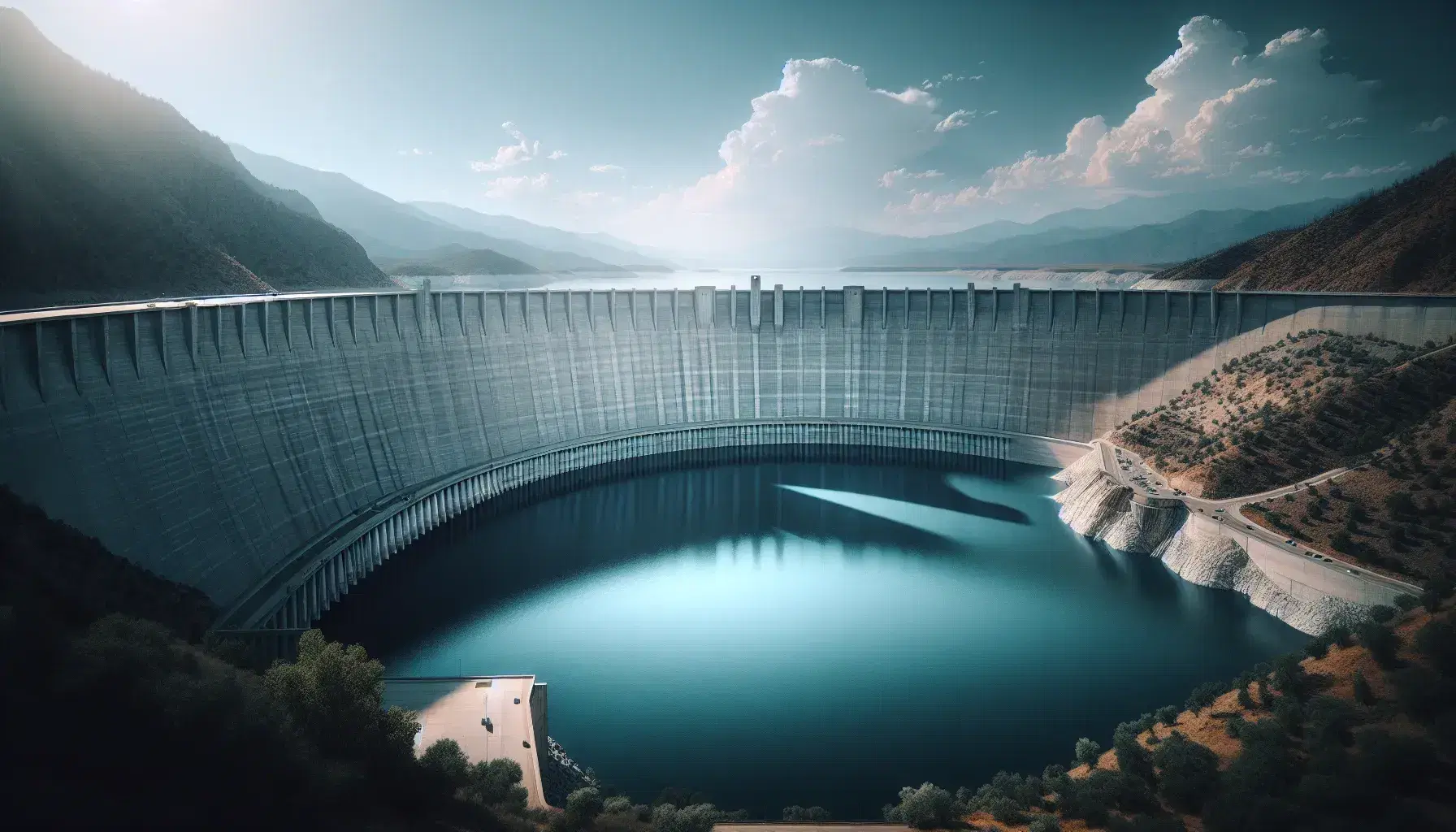 Diga di cemento grigio imponente con serbatoio d'acqua blu, riflessi e vegetazione verde sul lato, sotto un cielo azzurro con nuvole sparse.