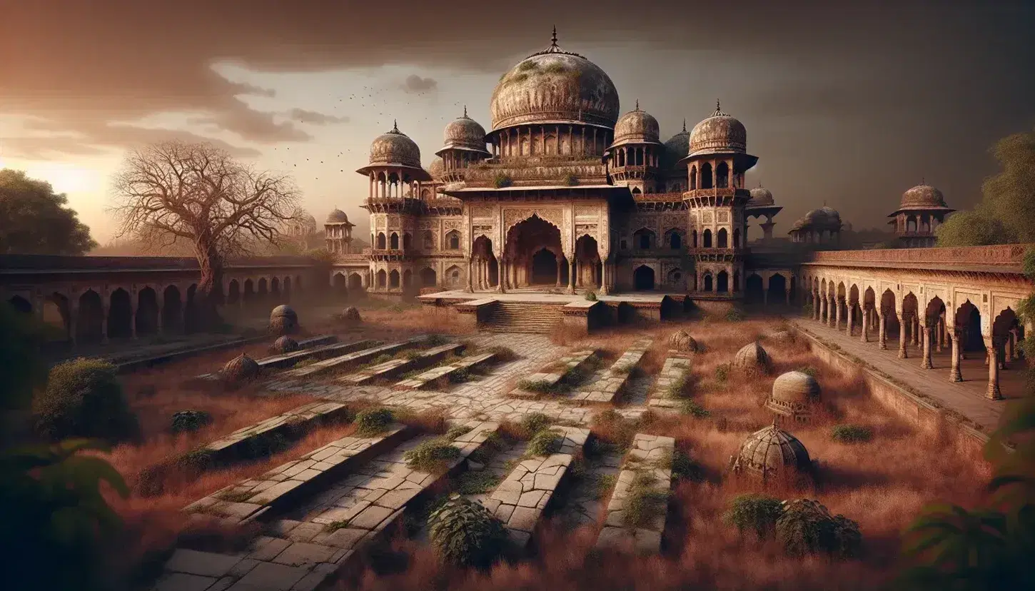 Grand Mughal palace in disrepair with overgrown gardens, weathered domes, and intricate carvings, under a dusky orange sky at dawn or dusk.