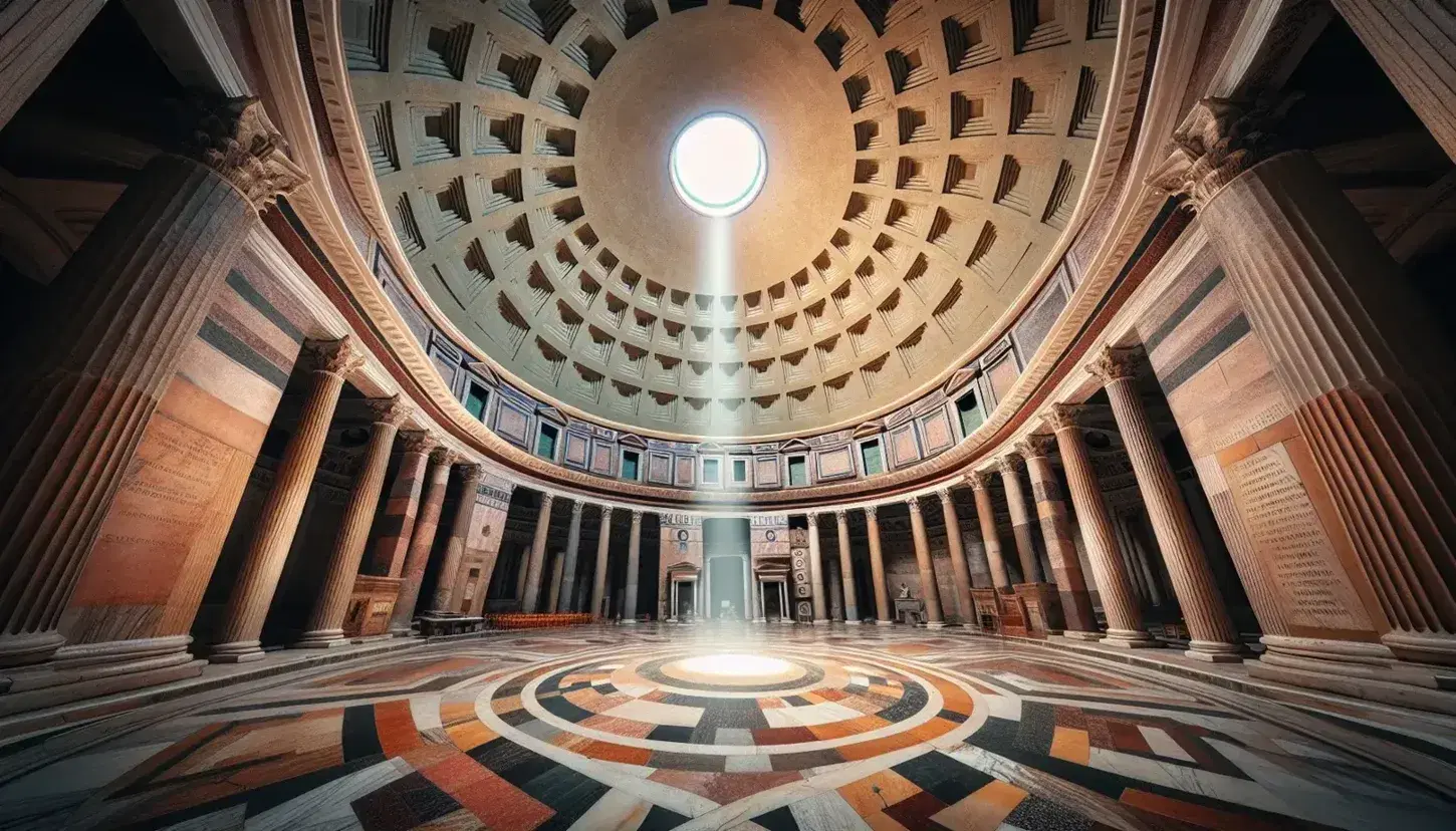 Interno del Pantheon a Roma con cupola in cemento, oculus centrale, colonne corinzie e pavimento a mosaico geometrico senza persone.