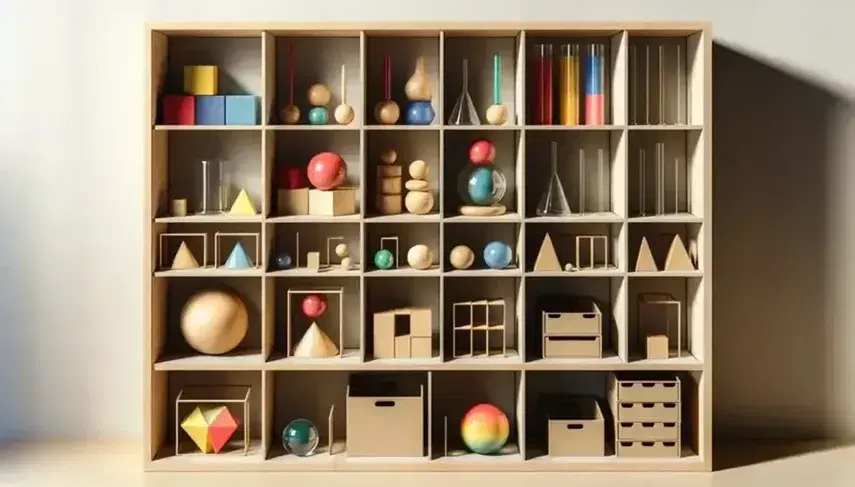 Estante de madera con objetos que simbolizan categorías léxicas: cubos de colores, esferas de cristal, figuras geométricas en cajas y marcos de fotos vacíos, iluminados suavemente.