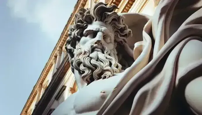 Statua in marmo di Zeus con barba e capelli ricci, drappeggio e fulmine in mano, su piedistallo, in ambiente esterno con alberi sfocati.