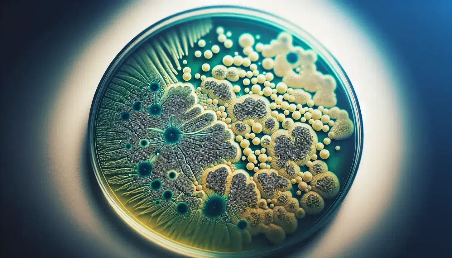 Colonia de microorganismos en medio de cultivo agar con tinción, mostrando estructuras en tonos verdes y azules sobre fondo amarillento.