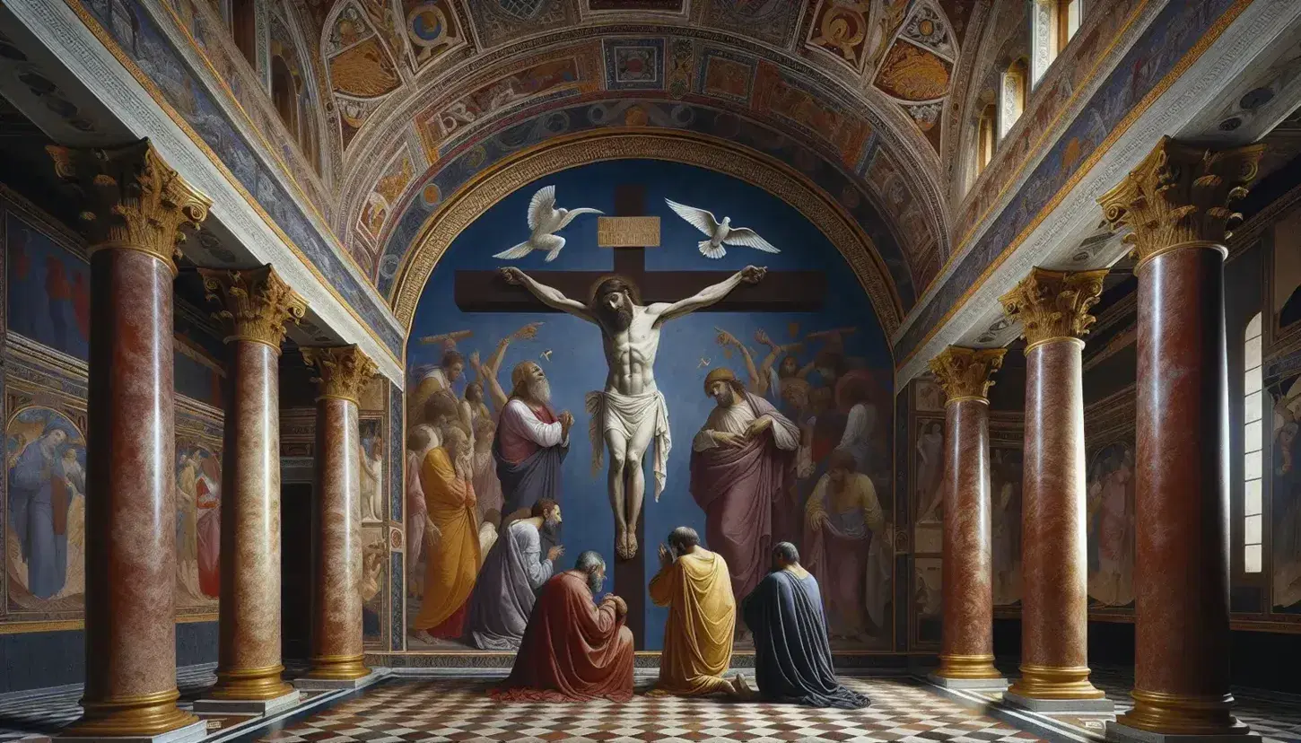 Affresco rinascimentale con Dio che regge la croce di Gesù, colomba sopra e due fedeli inginocchiati su pavimento scacchiera.