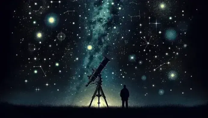 Cielo stellato notturno con telescopio astronomico in silhouette e figura umana che contempla l'universo.