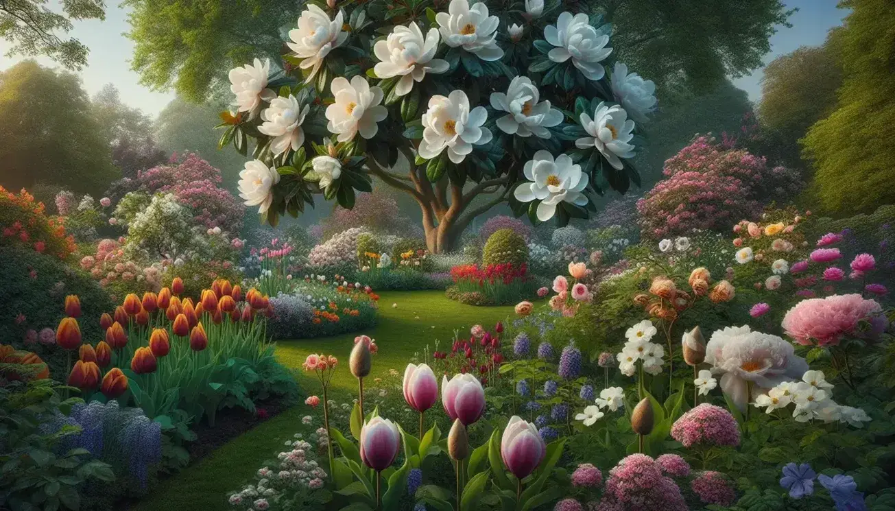 Giardino rigoglioso con magnolia, tulipani colorati, margherite, violette, rose, peonia rosa e ape su girasole sotto cielo azzurro.