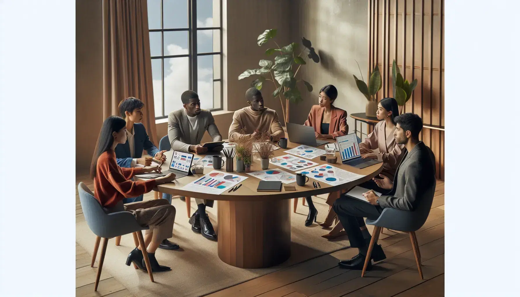 Multi-ethnic group meeting around an oval table with laptop, tablet, charts and plants in a bright room.