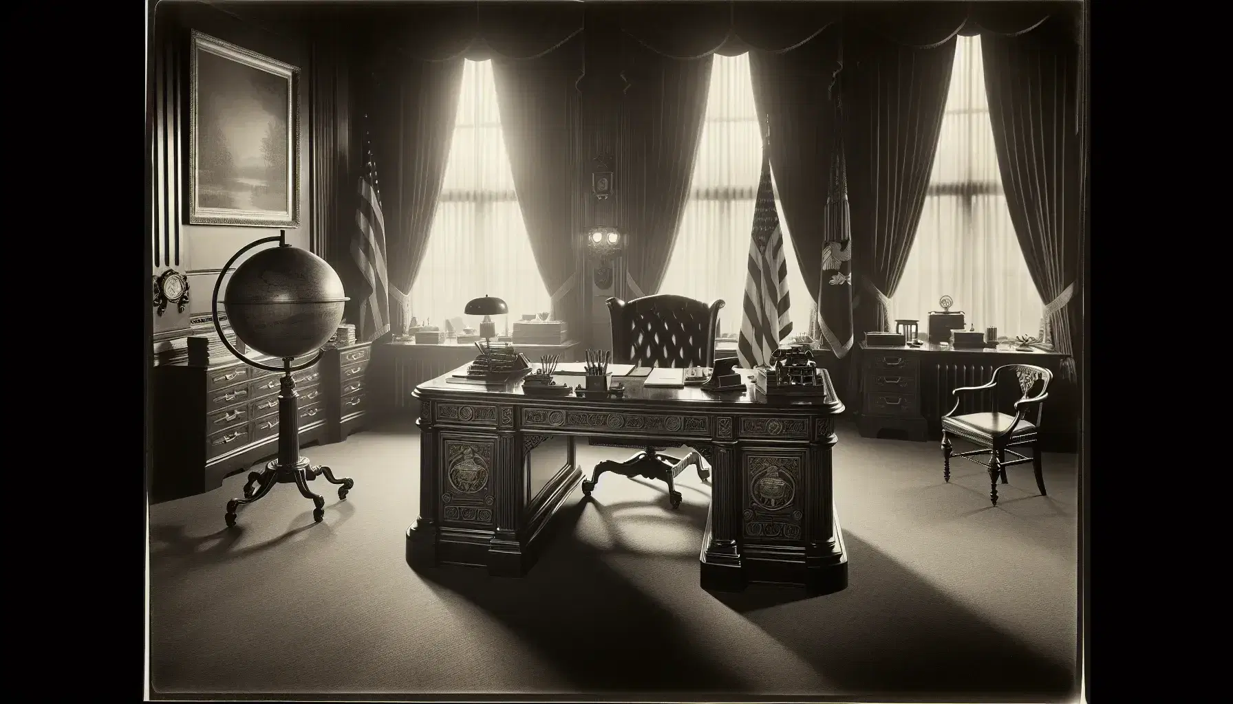 1930s political office with dark wood desk, leather chair, rotary phone, floor-standing globe, and partial view of American flag.