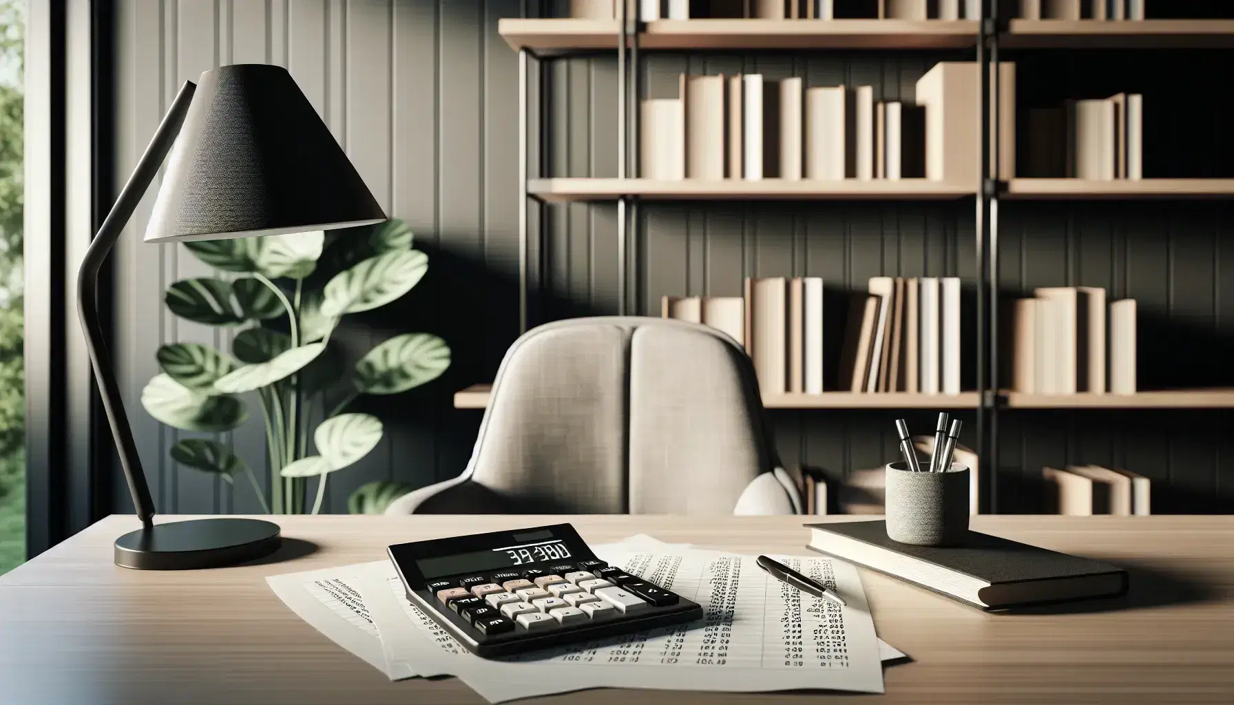 Escena de oficina de contabilidad moderna con escritorio de madera, calculadora negra, papeles con números, silla ergonómica y planta interior.