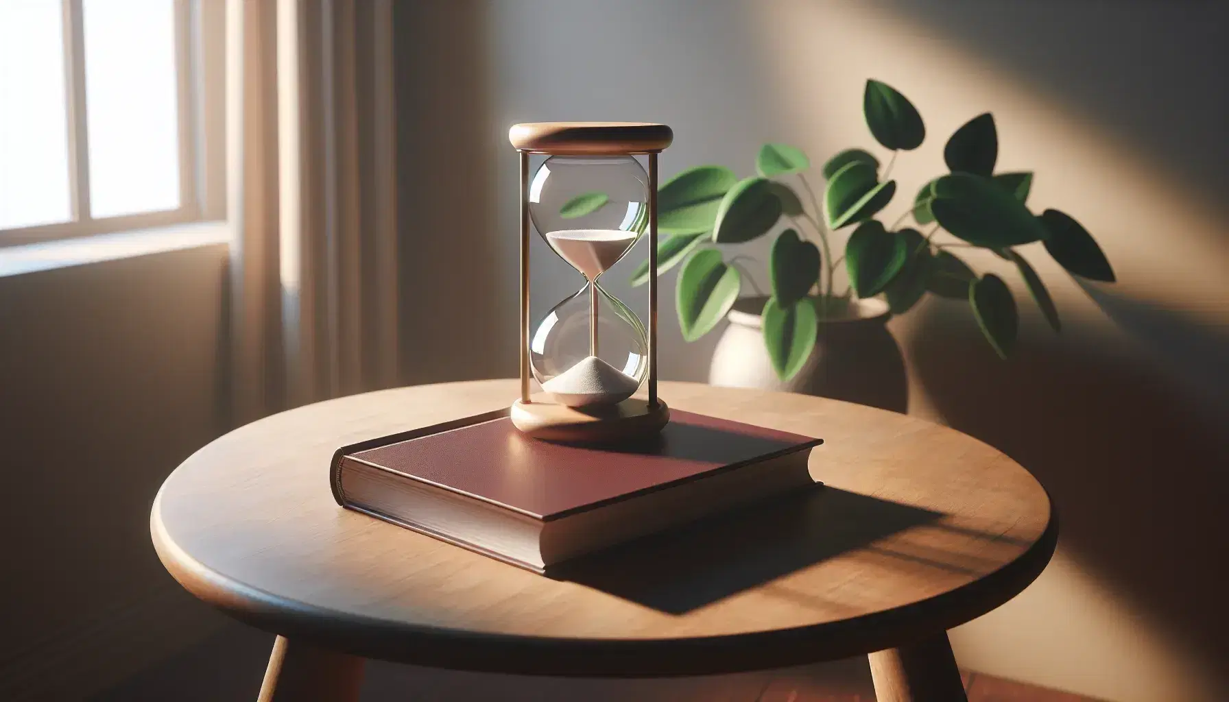 Round wooden table with classic hourglass and white sand, open book with burgundy cover and blurry green plant in the background.